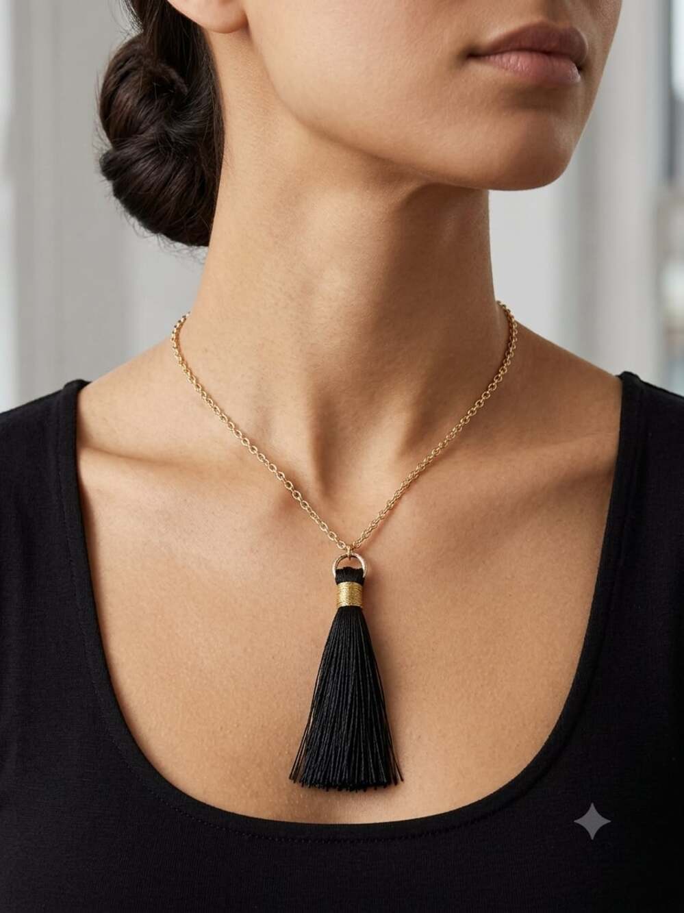 Handcrafted Black Tassel Long Pendant Necklace in Gold Tone